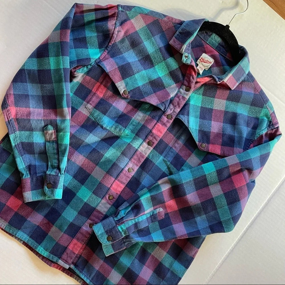 Vintage Merona Sport  Plaid Long Sleeve Women Shirt size M Y2K Green Blue Pink - Picture 4 of 12